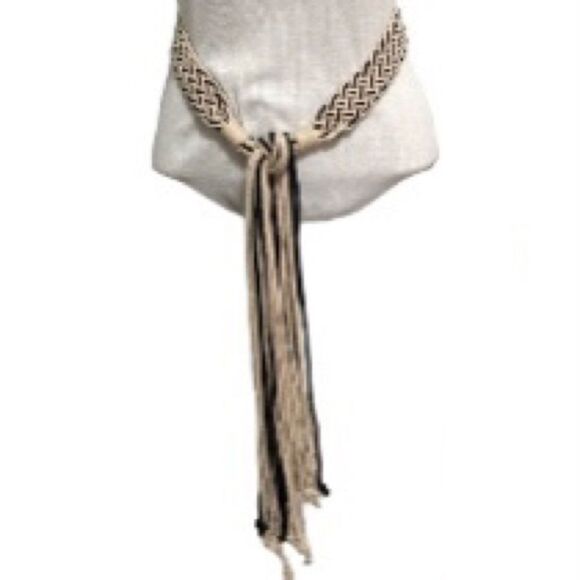 MACRAME Boho Gypsy Hippie Belt with Cords Waist Navy Blue Beige 36 inches - Picture 3 of 12